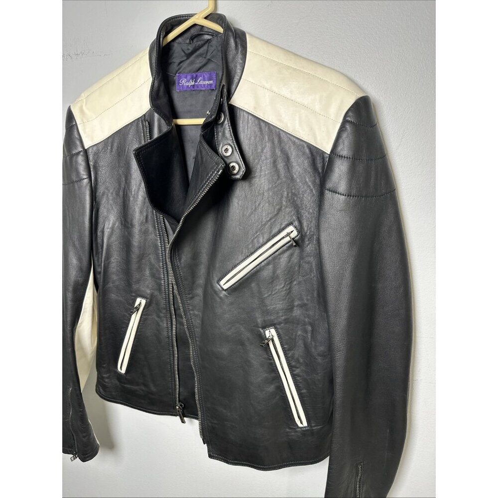 Ralph Lauren Purple Label Mens Leather Jacket Biker White‎ Black Zip Lambskin - Picture 2 of 16